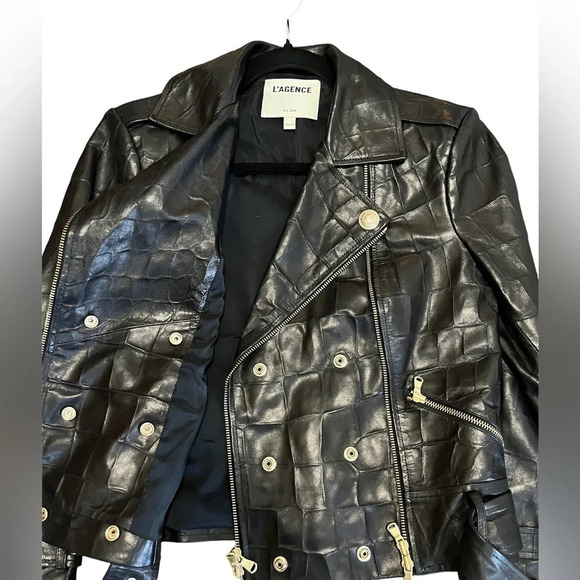 Nwot L’AGENCE Billie Black Croc Embossed Leather Double Breasted Moto Jacket XS - Picture 12 of 13